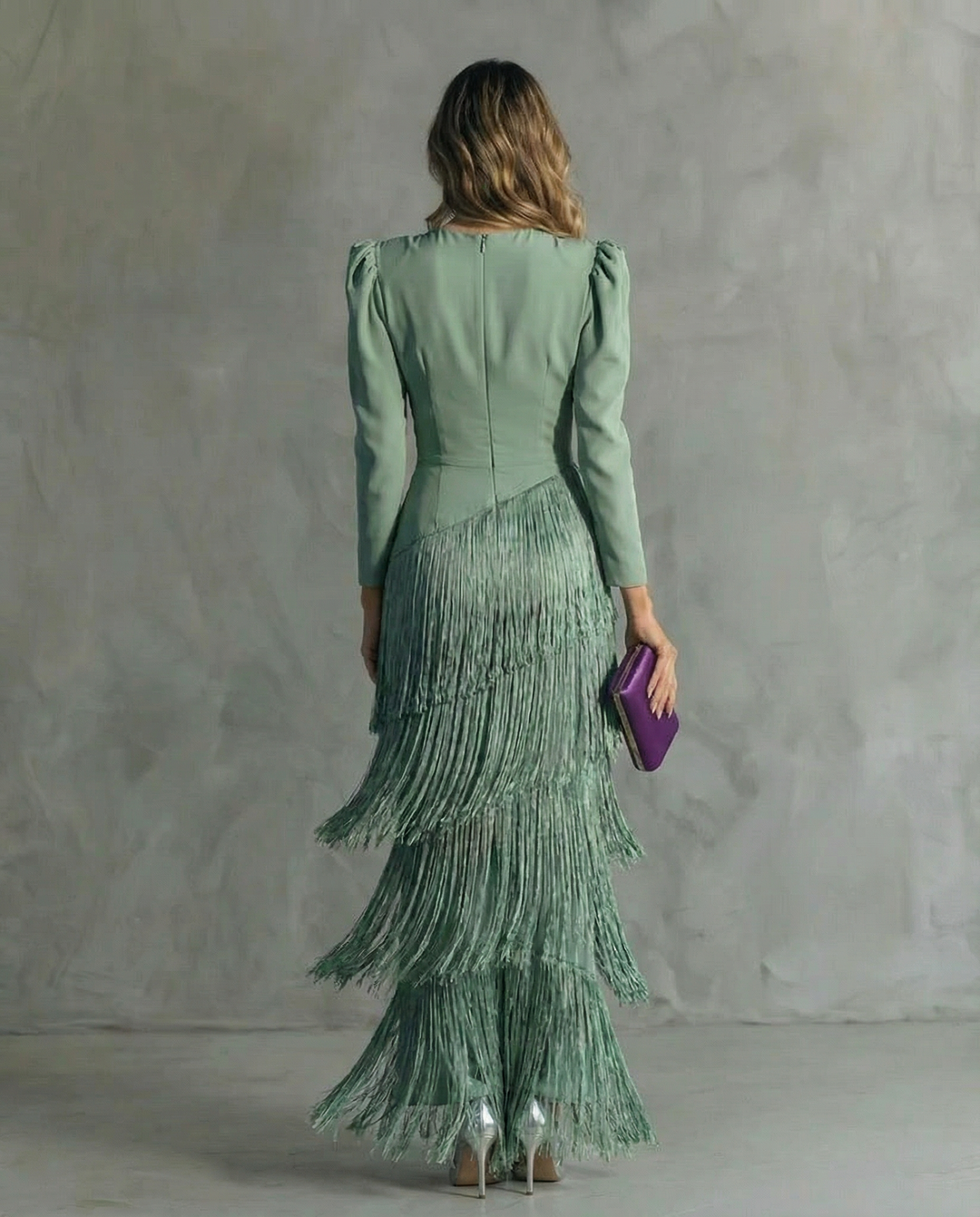 Avery ™– Elegant Midi Dress with Fringe Sleeves