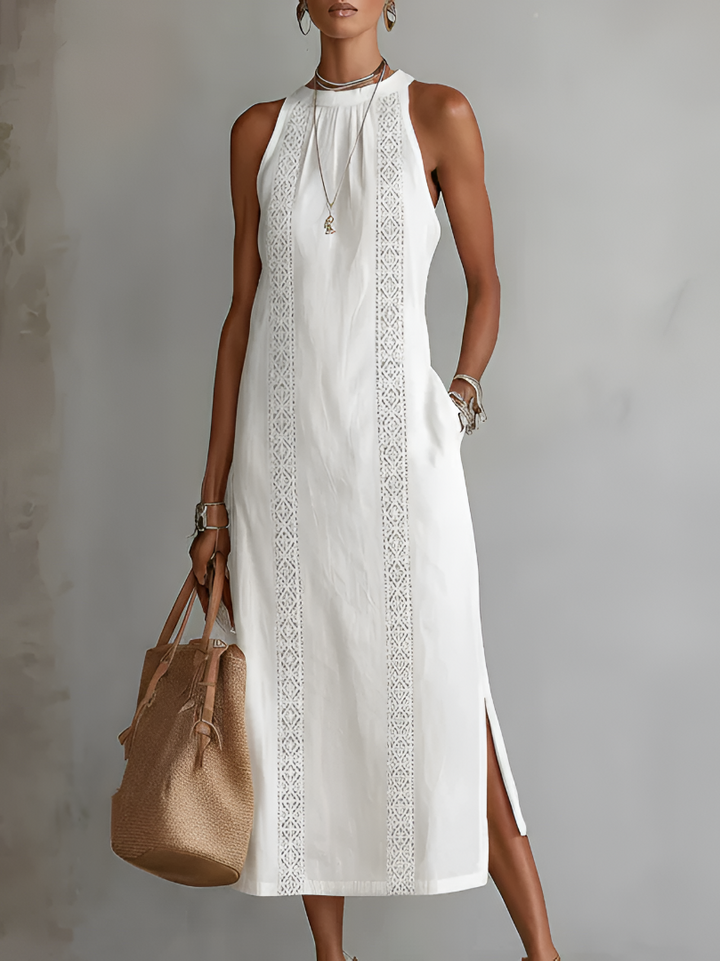 Hannah ™| Linen Midi Dress with Mao Collar
