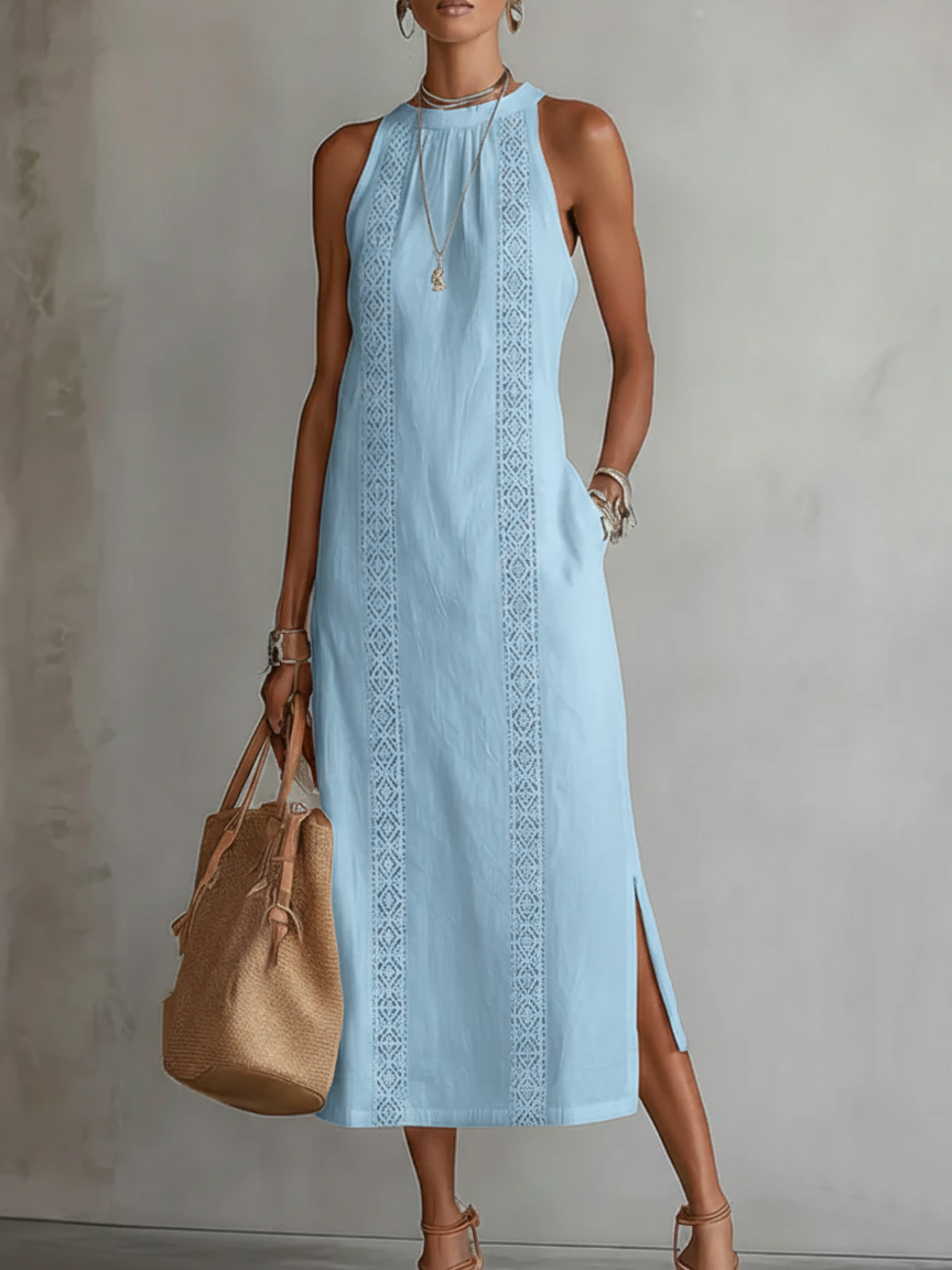 Hannah ™| Linen Midi Dress with Mao Collar