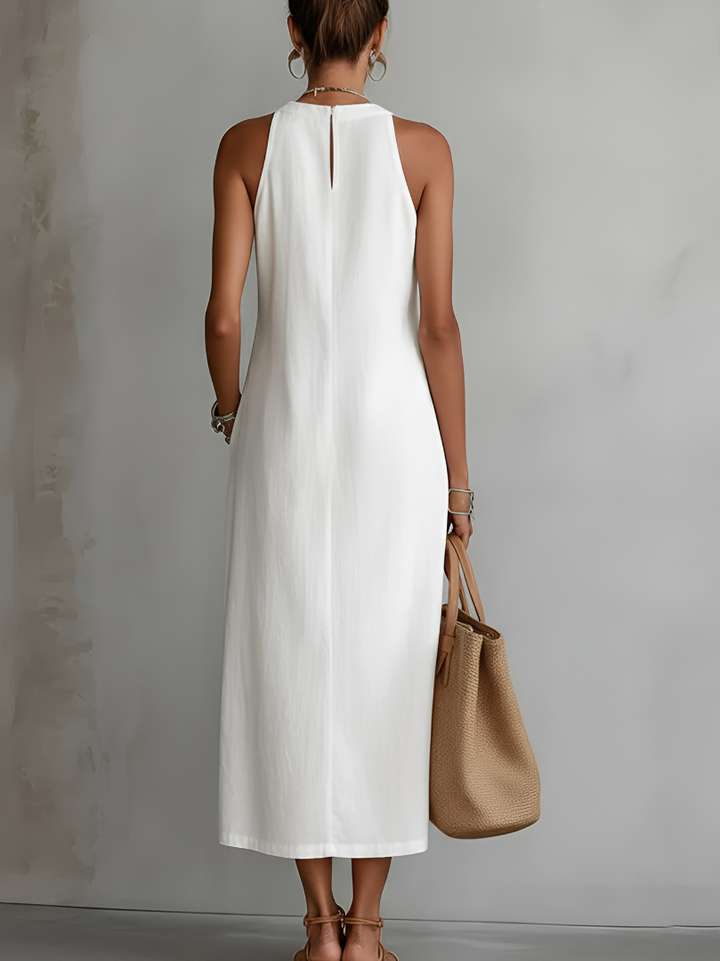 Hannah ™| Linen Midi Dress with Mao Collar