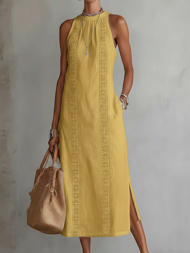 Hannah ™| Linen Midi Dress with Mao Collar