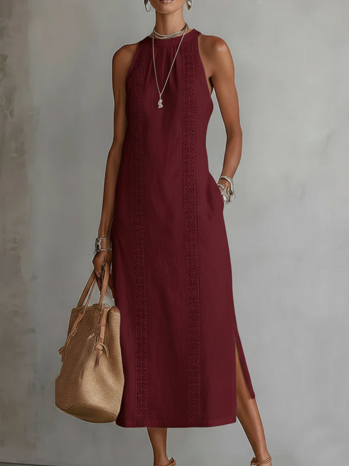Hannah ™| Linen Midi Dress with Mao Collar