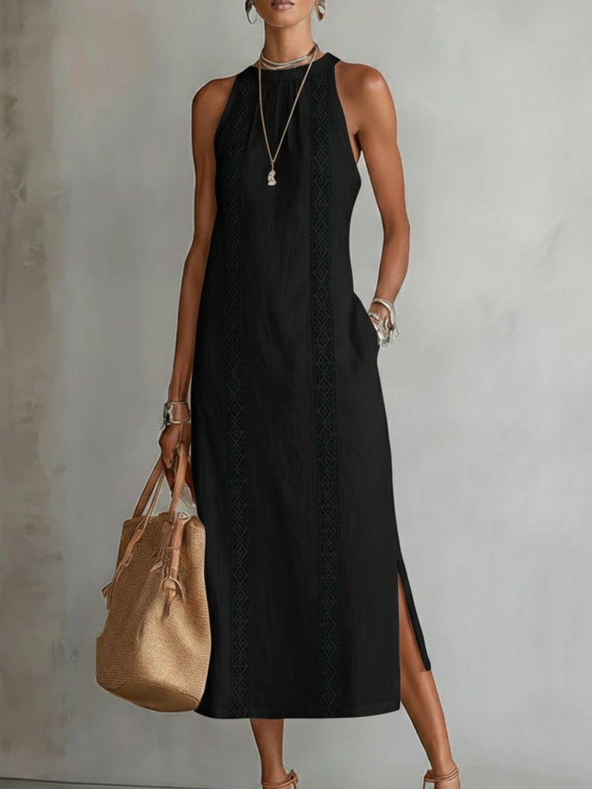 Hannah ™| Linen Midi Dress with Mao Collar
